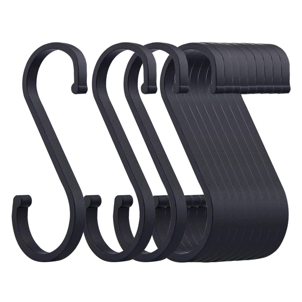 S Hooks, 12 Pack Metal S Shaped Heavy Duty Butcher Hooks With Round End Design for Meat, Utensils, Pans, Pots, Plants, Baskets - Kitchen, Bathroom, Garden, Office (Black)