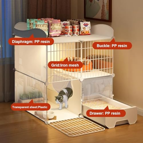 CENXI Cat Cage With Litter Box, Assembled Enclosures, Interactive Villa, Multi-Feature Enclosed Condo for 1-2 Cats - Easy Installation, No Tools Needed (With Light)