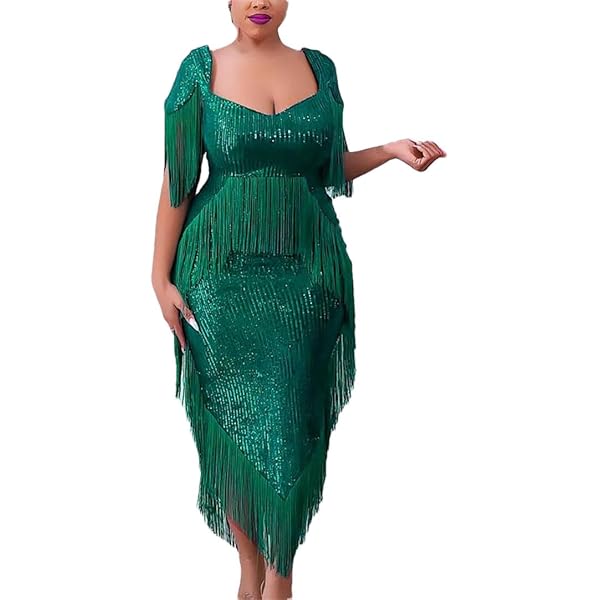 Amazon.com: JECANG Emerald Green Fringe Sequin Irregular Butt Wrap Dress  for Women,Formal Prom Party Plus Size Maxi Dress,Wedding Guest Dresses,Birthday  Sexy Dresses (Small) : Clothing, Shoes & Jewelry