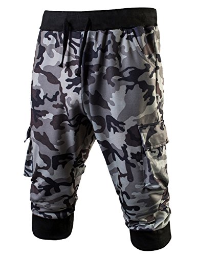 LETSQK Men's Camo Jogger Short Slim Fit Gym Workout Training Capri Trousers White L