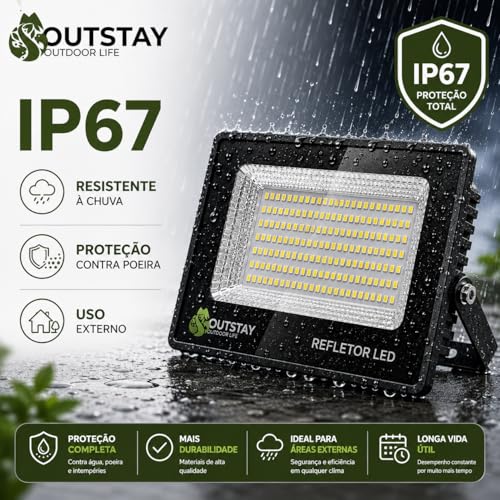 Refletor LED 400W 120 LEDs Branco Frio Bivolt IP67 Alta Potência Para Área Externa OutStay
