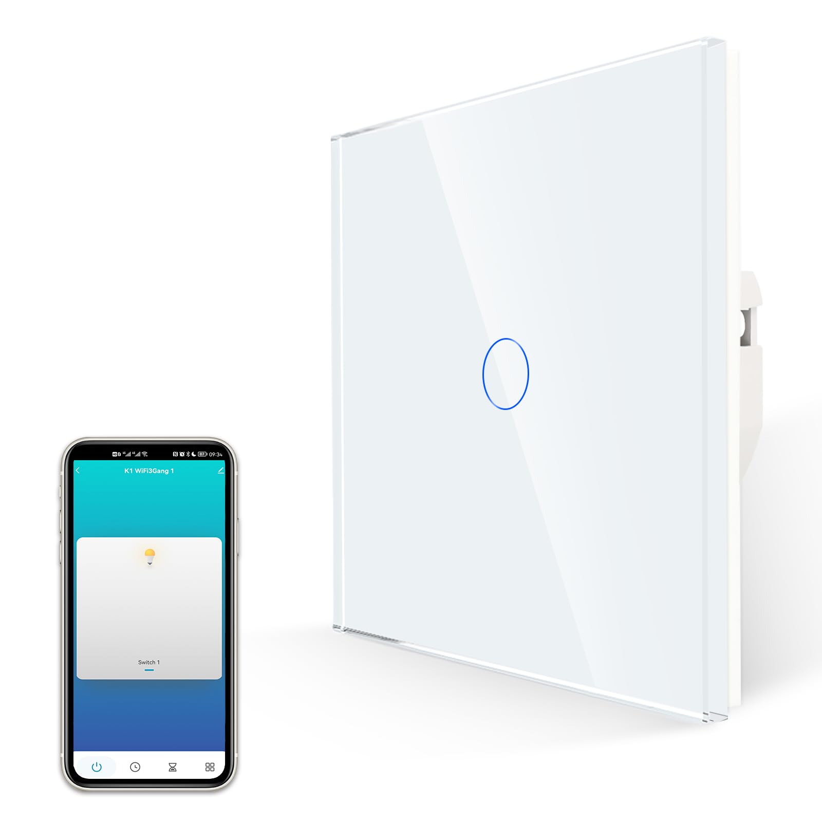 JIMEIDA Smart Touch Light Switch, Alexa Switch Work with Google Home, Timer, Multi-Way Control by Smart Life APP, White Screwless Glass Plate and LED Backlight, 1 Gang