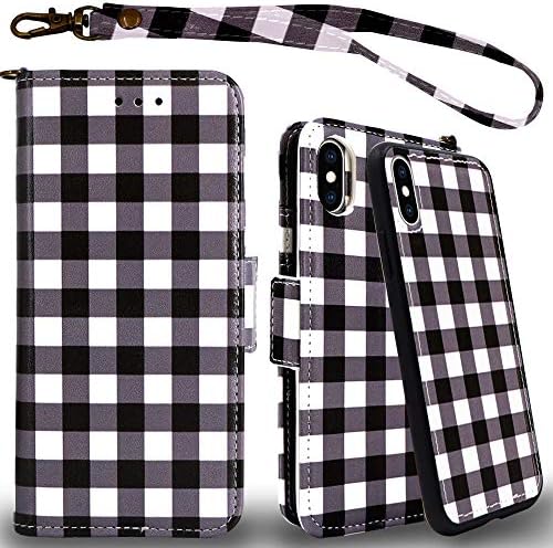 Mefon iPhone X Xs Detachable Leather Wallet Case, with Tempered Glass and Wrist Strap, Enhanced Magnetic Closure, Card Slot, Kickstand, Luxury Flip Folio Cases for Apple iPhone 10 (Plaid Gray)