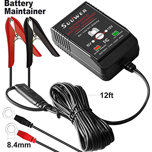 Suuwer 1.25A Automatic Trickle Battery Charger 6V and 12V 1250mA Smart Battery Charger for Car Motorcycle Lawn Mower SLA AGM Gel Cell Wet Lead Acid Batteries