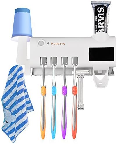 Toothbrush Holder with Toothpaste Dispenser, UV-C Toothbrush Sterilizer Solar Powered and IR Induction, Wall Mounted One-Stop Organization Box with Razor Dental Floss Tongue Scraper Slots for Bathroom