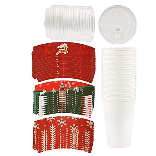 50 Piece 12oz Disposable Christmas Design Coffee Cups Set with Lids and Sleeves, Serves 50