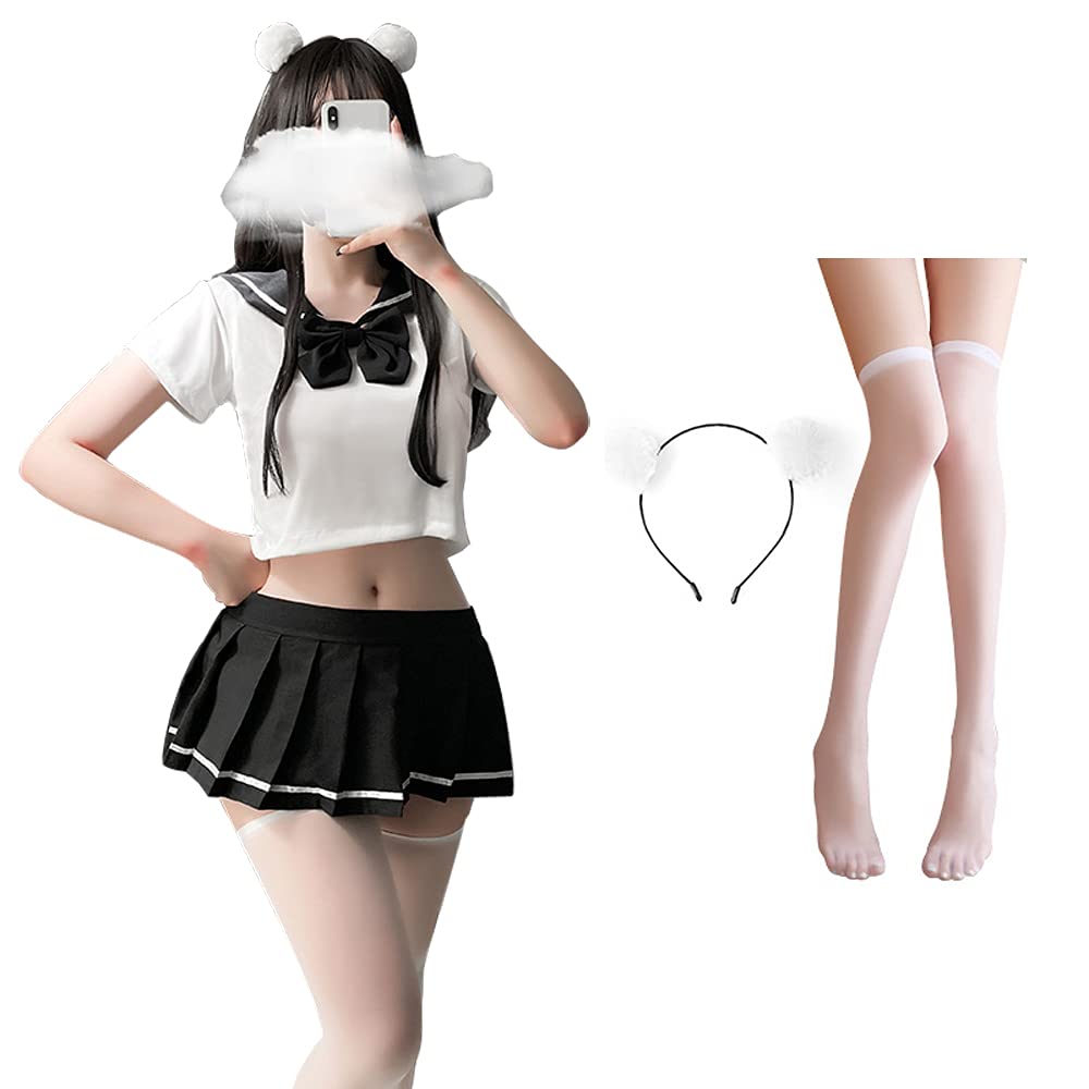 SINMIUANIME Schoolgirl Lingerie Set Sailor Uniform Dress Cosplay JK Student Wear Pleated Skirt With Socks (6908Black White)
