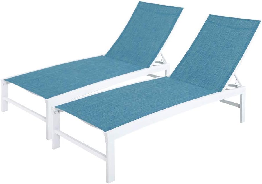 Crestlive Products Aluminum Adjustable Chaise Lounge Chair Outdoor Five-Position Recliner, Curved Design, All Weather for Patio, Beach, Yard, Pool(2PCS Blue)