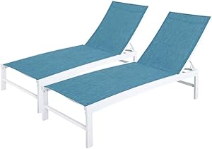 Crestlive Products Aluminum Adjustable Chaise Lounge Chair Outdoor Five-Position Recliner, Curved Design, All Weather for Patio, Beach, Yard, Pool(2PCS Blue)