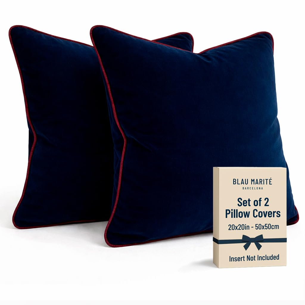 Blau Marité Set of 2 Velvet Throw Pillow Covers with Contrast Piping, Soft Decorative Cushion Covers, Navy Blue and Burgundy, 20"x20" (50x50 cm).