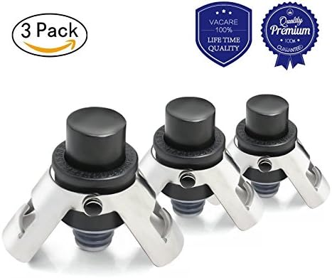 Champagne Stopper - Pumpable Champagne Saver with Date Markers to Increase Air Pressure and Seal Open Sparkling Wine Bottle for over 7 Days 2in1 Champagne Cap - Sparkling Wine Saver 3pack by Vacare