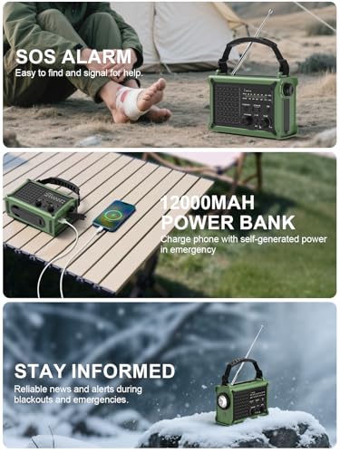 ROCAM Crank Radio, 12000 mAh Emergency Radio with 8500 mm² Solar Panel & 650 mA Crank, Portable Solar World Receiver Radio with AM/FM Reception, LED Torch & Reading Light, USB, SOS for Camping, Emergencies & Blackout