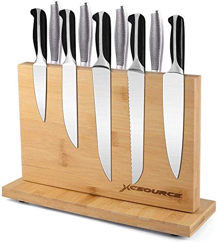 Magnetic Knife Block Holder, Bamboo Magnetic Knife Stand Rack with Double Side Strong Enhanced Magnet, Large Capacity Knife Organizer Block and Storage for Kitchen Knives Scissors Cutlery Utensil
