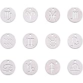 PH PandaHall 24pcs 304 Stainless Steel 12 Constellations Zodiac Sign Pendants Charms Astrology Horoscope Charms Beads for DIY Jewelry Craft Making(Stainless Steel Color)