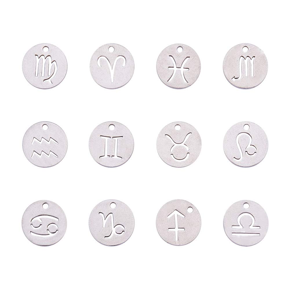 PH PandaHall 24pcs Silver Zodiac Charms 12mm Constellations Zodiac Sign Beads Pendants 304 Stainless Steel Astrology Charms Horoscope Flat Charm for Birthday Anniversary DIY Jewellery Craft Making