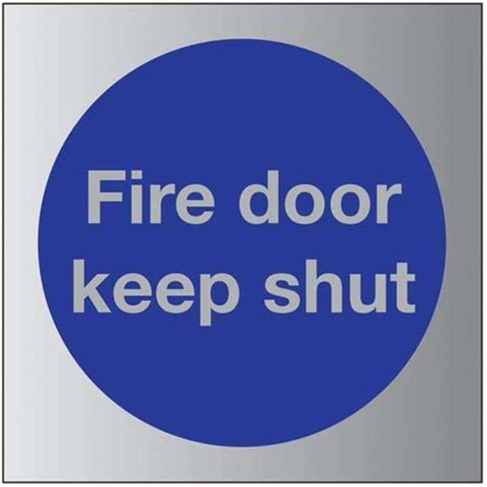 V Safety Fire Door Keep Shut Sign - 80mm x 80mm - 3mm Brushed Alu Comp