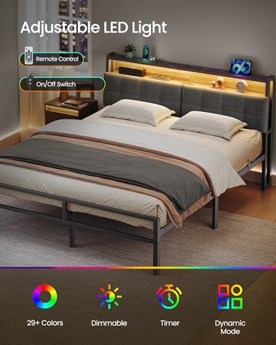 VASAGLE Queen Bed Frame with LED Lights and Charging Station, Metal Platform Bed Frame with Storage Upholstered Headboard, Noise-Free, No Box Spring Needed, Industrial, Ink Black URMB461G201