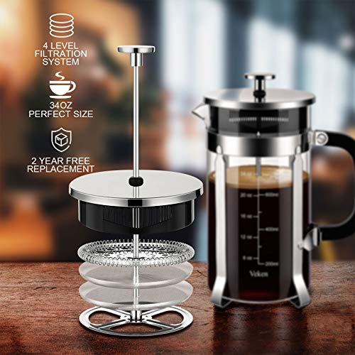 Veken French Press Coffee Maker (34 oz), 304 Stainless Steel Coffee