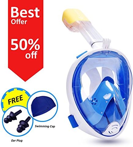 Full Face Snorkel Mask Lanzef 180 for Adults, GoPro Compatible, Dry Top Snorkeling Tube for Diving Underwater, Panoramic View, Anti-Fog, Anti-Leak Design, Blue
