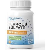 Puregen Labs Ferrous Sulfate 325 mg (65 mg Elemental Iron) - 200 Tablets | Iron Pills, High Potency Iron Supplement, No Artificial Color Additives, Unflavored, Iron Supplement For Women, Gluten Free