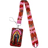 Guadalupe Rose Saint Mary I Love Jesus Lanyard Necklace ID Card Credential Badge Holder Women Girl Kids Keys Keychain Strap (#B)