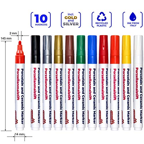 Colozoo Porcelain Markers Dishwasher Safe 10 Bright Colors Ceramic