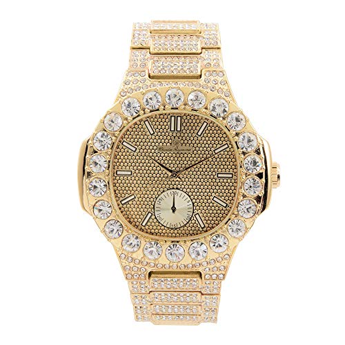 Bling-ed Out Oblong Case Metal Mens Gold Watch with White Crystals at Bezel - ST10316 Gold