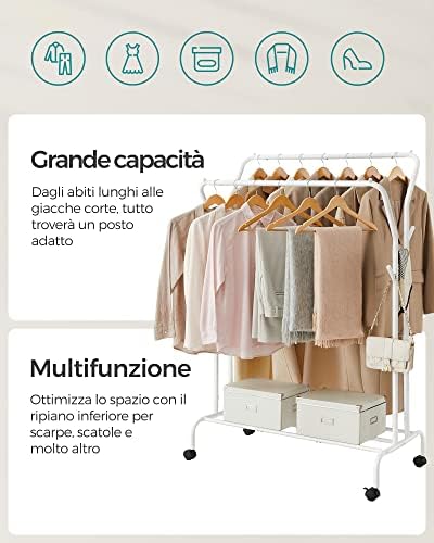 Stand Appendiabiti Doppio, Attaccapanni con Ruote, Struttura in Acciaio, Portata Fino a 100 kg, Larghezza di 103,5 cm, Multifunzione, Bianco HSR107W01