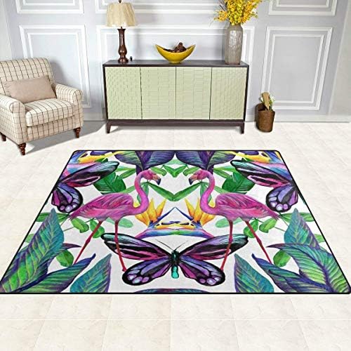 GuoEY Area Rugs Mat Carpet 4'x5', Tropical Animal Flamingo Butterfly Leaves Polyester Non-Slip Living Room Dining Bedroom Carpet Entrance Floor Mat Home Decor