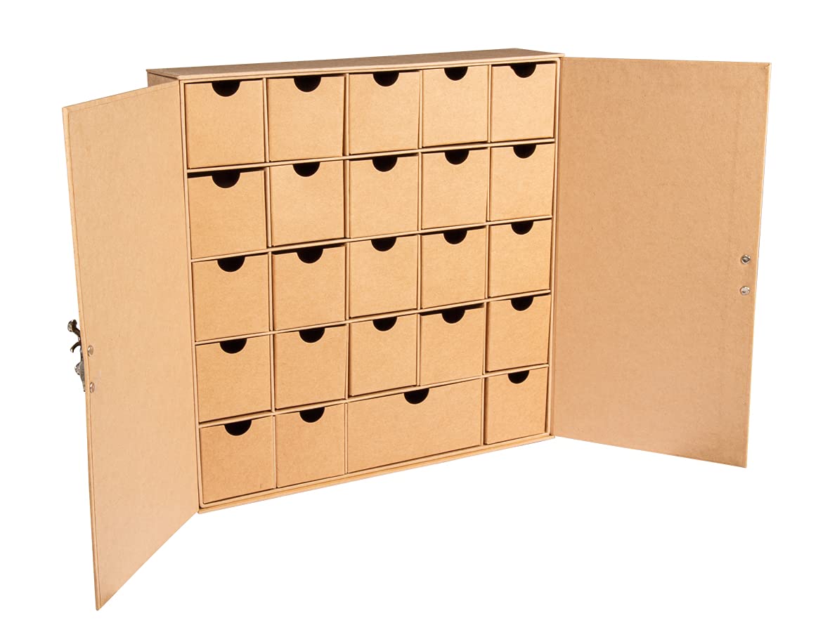 Rayher Small Papier Mache Cupboard with 24 Pull-out Drawers for DIY Fill-Your-Own Advent Calendar, Drawer Storage Box, 29.6x29.6x6.5cm, 67367521