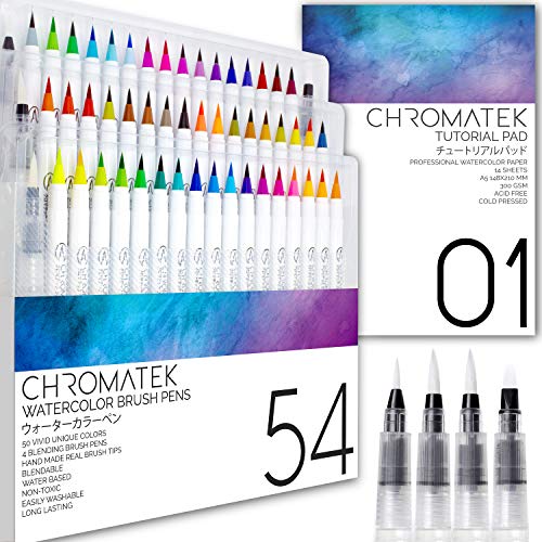 54-Watercolor-Brush-Pens-15-Page-Pad-Online-Video-Tutorial-Series-by-Chromatek-Real-Brush-Tip-4-Blending-Brushes-Easily-Blendable-Vivid-Smooth-50-Unique-Colors-Professional-Art-Supplies