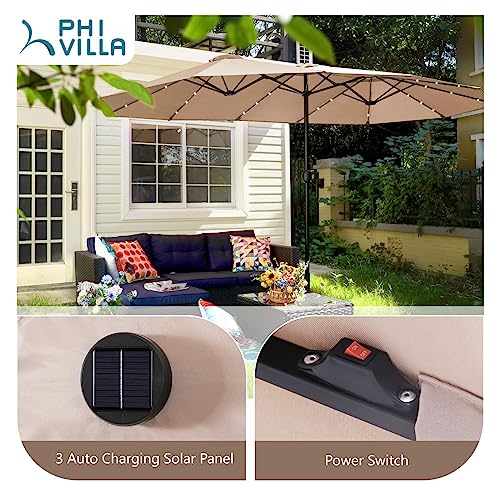 PHI VILLA 15ft Large Patio Umbrella with Solar Lights, DoubleSided