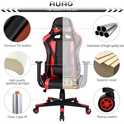 AuAg Ergonomic Gaming Chair Racing Style Adjustable High-Back PU Leather Office Chair Computer Desk Chair Executive Ergonomic Style Swivel Video Chair Headrest Lumbar Support (RED) - Thumbnail 4