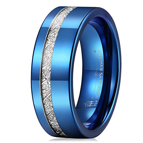 Three Keys 8mm Tungsten Wedding Ring Blue Inlay 2mm Imitated Meteorite Wedding Band Engagement Ring High Polished Size 14