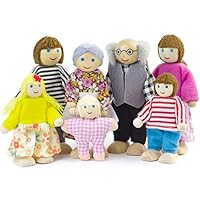 Seanmi Dollhouse People, Dolls Family of 7 Poseable Wooden Doll