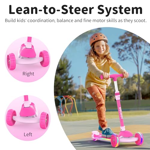 BELEEV A9 Kids Scooter with LED Light-Up Wheels & Deck, 3 Wheel Foldable Kick Scooter for Toddlers Boys Girls Ages 3-12, Adjustable Handlebar, Lean-to-Steer, Extra-Wide Wheels