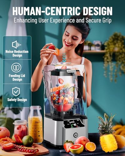 WantJoin Licuadora Comercial Profesional con Carcasa de Protección Acústica Silenciosa 2200W Potencia Industrial Fuerte y Silenciosa de Grado Profesional, Autolimpiante, Plateado