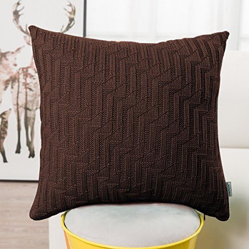Decorative Soft Handmade Knit Cushion Covers Throw Pillow Cover for Car 18 x 18 Inches Square (Zigzag, Brown)