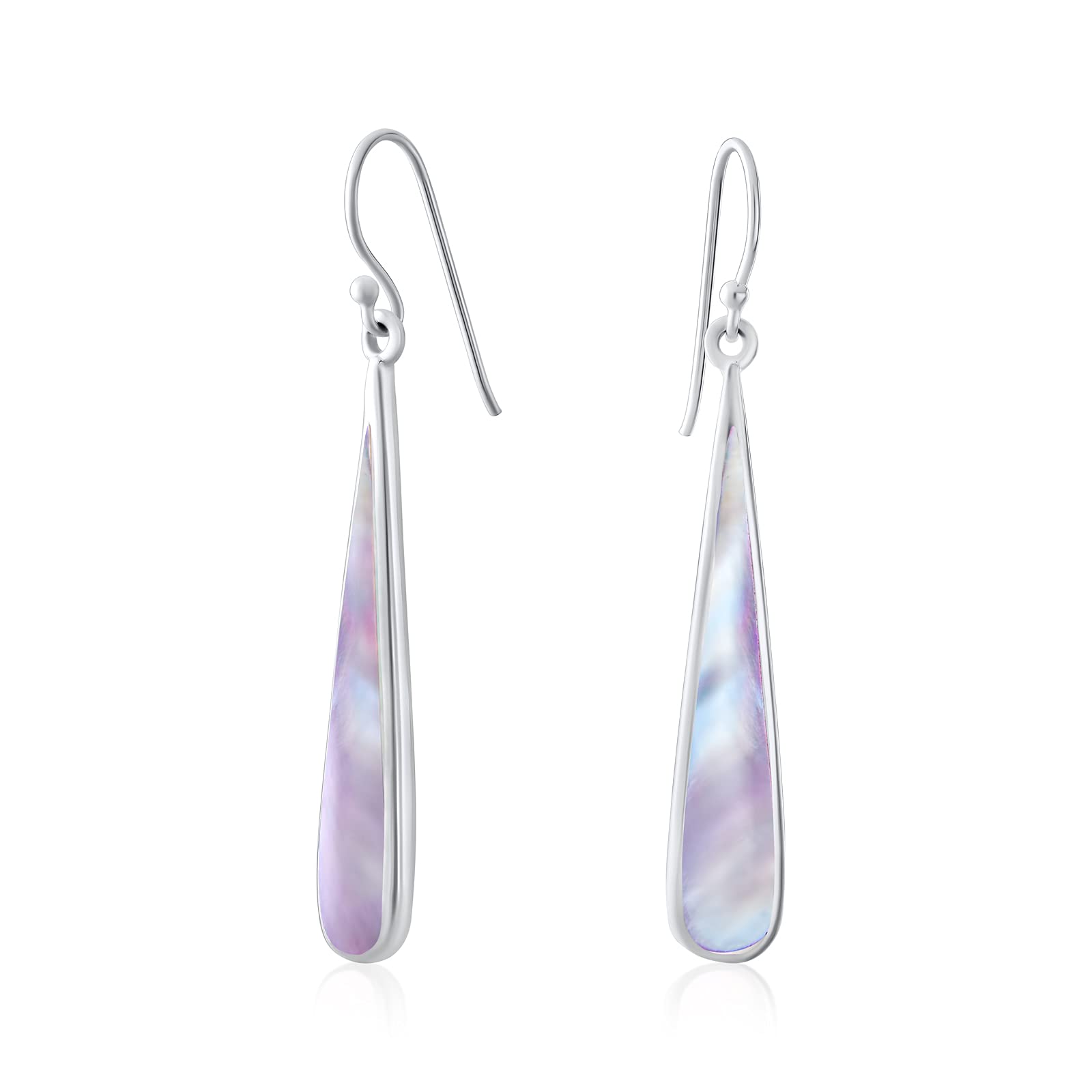 Simplistic Boho Large Iridescent Rainbow Pink Mother of Pearl Shell Natural Flat Teardrop Shaped Dangle Earrings For Women Teen .925 Sterling Silver Fish Hook Wire Threader