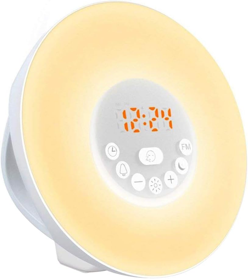 LBell Alarm Clock/Wake Up Light Sunrise Simulation Alarm Clock, Clock Radio, 7 Colors Night Light with FM Radio, 7 Alarm Sounds and Snooze Function for Bedrooms with USB Charger
