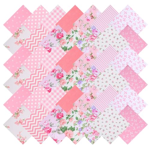 42Pcs Pink Charm Packs for Quilting, 100% Cotton Fabric Squares 5 x 5Inch Pre-Cut Quilted Fabric Floral Patchwork for Sewing DIY Craft