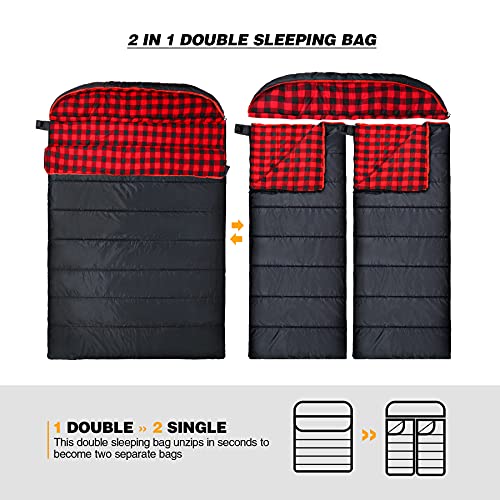 REDCAMP Cotton Double Sleeping Bag for Adults, 2 Person Cold Weather Queen Size Flannel Sleeping