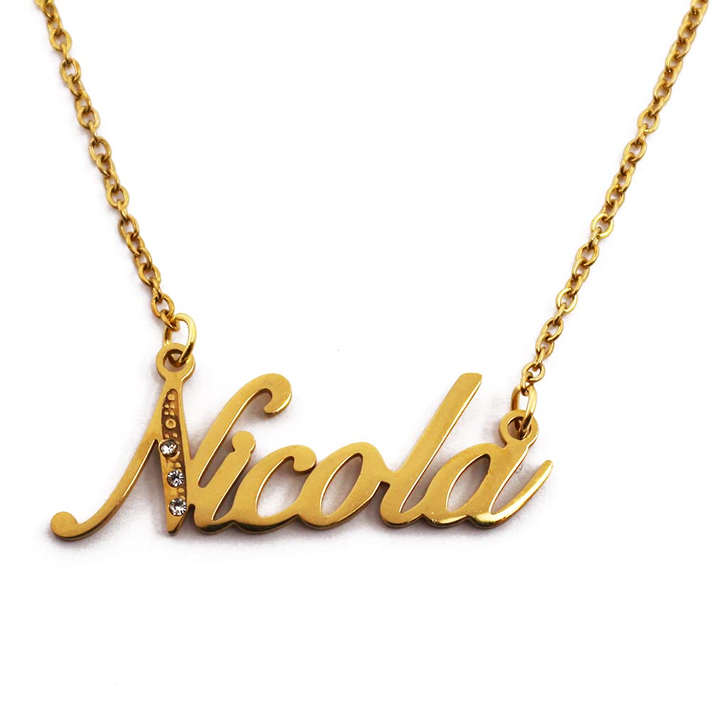 Kigu Name Necklace Nicola - Gold Tone - Custom Name Necklace - Personalised Jewellery for Ladies- Customised Jewellery for Girls- Custom Pendant Nicola