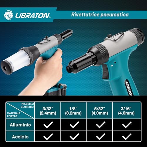 LIBRATON Pneumatic Riveter Kit, Heavy Duty Pneumatic Riveter Gu 2.4mm 3.2mm 4.0mm 4.8mm with 200c Rivet, Professional Auto Repair Tool, Suctio Design