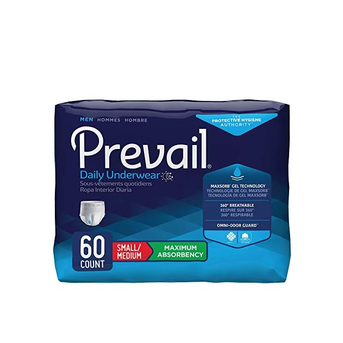 Prevail Maximum Absorbency Incontinence Underwear for Men, Small/Medium, 60 Count