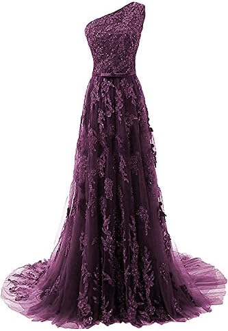 CutieTell Women's One Shoulder Evening Party Gowns Lace Appliques Formal Prom Dresses Long Grape US2