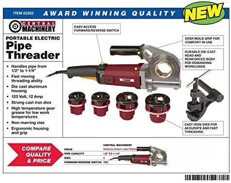 1/2, 3/4, 1 and 1-1/4 Portable Electric Pipe Threader Set with Carrying Case by Central Machinery