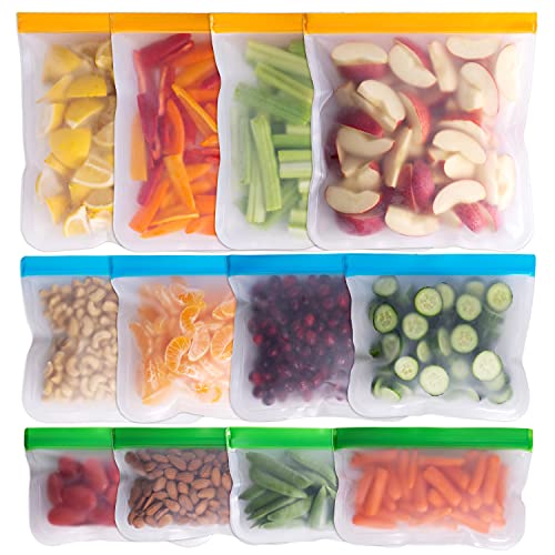 Greenzla Reusable Food Storage Bags - 12 Pack BPA-Free, Extra Thick, Leakproof Freezer & Lunch Carriers; 4 Gallon, Sandwich & Snack Options - Reusable Lunch Bags