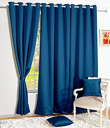 Famekart Royal Crush Faux Silk Plain Curtain (Pack of 3 Curtains) (Navy Blue, Long Door - 9 Feet)