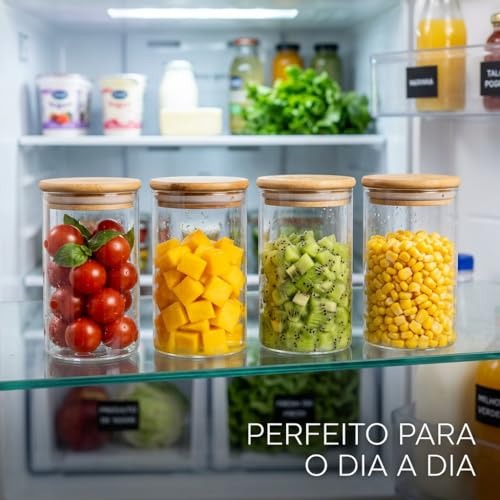 Kit 10 Potes Herméticos 250ml de Vidro com Tampa de Bambu Natural – Redondos com Vedação de Silicone, Organizadores para Cozinha, Armazenar Temperos, Grãos, Café, Chá, Açúcar, Doces e Mantimentos